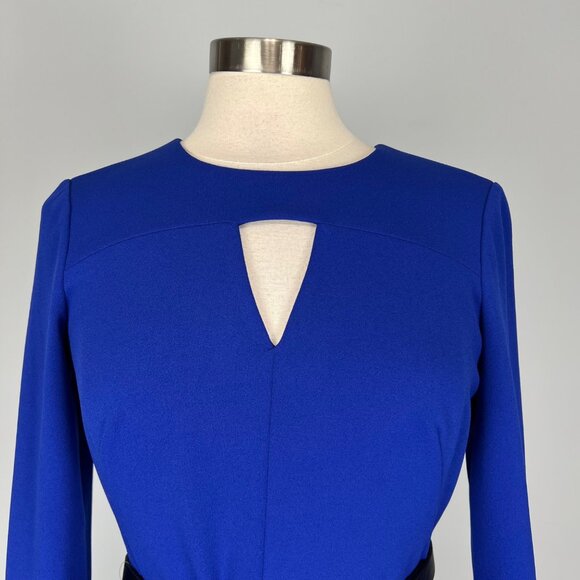 Calvin Klein Womens Blue Long Sleeve Sheath Dress Belted Keyhole Neck size 6 - Picture 2 of 12